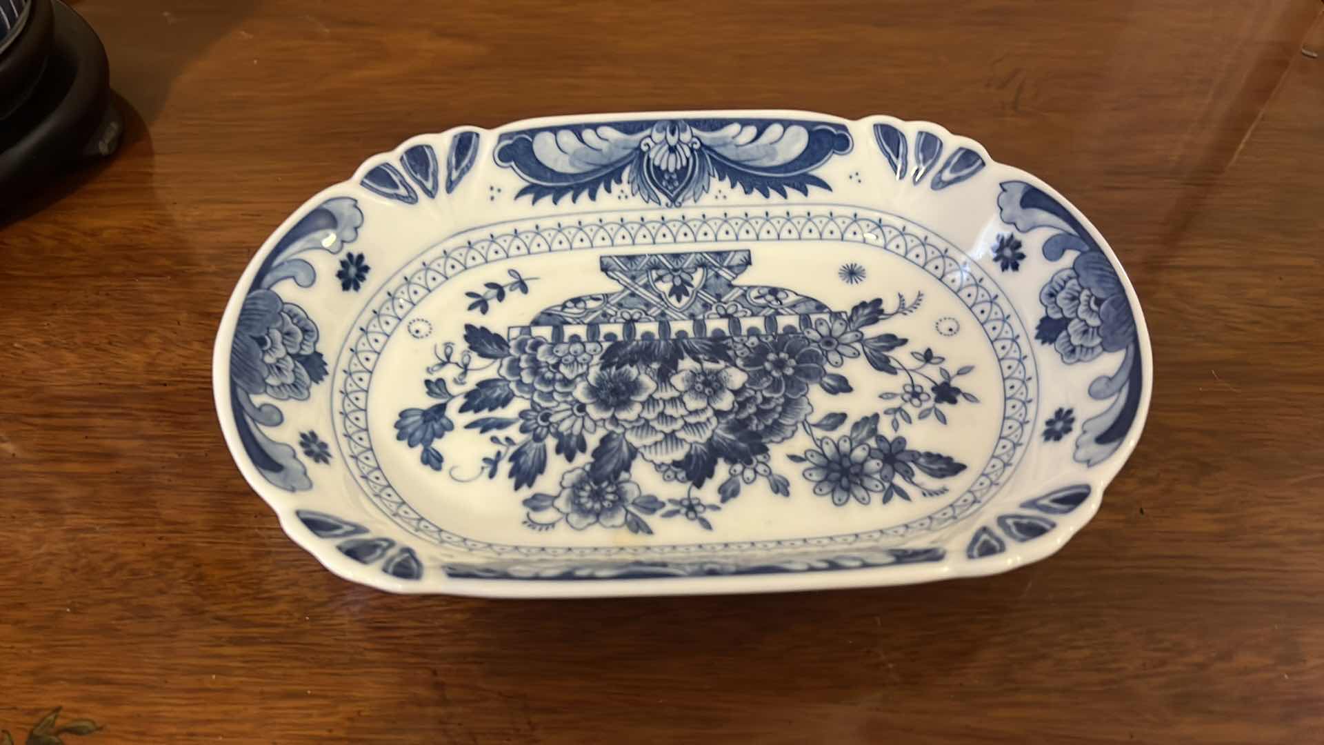 Photo 1 of BLUE AND WHITE PORCELAIN TABLE LAMP W SHADE H25”, JAPANESE PORCELAIN DISH