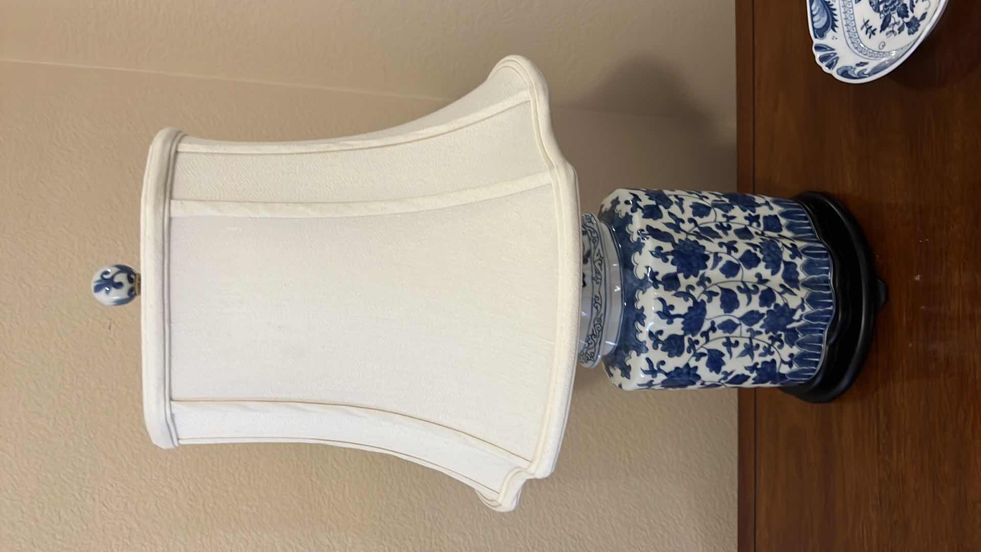 Photo 1 of BLUE AND WHITE PORCELAIN TABLE LAMP W SHADE H25”, JAPANESE PORCELAIN DISH
