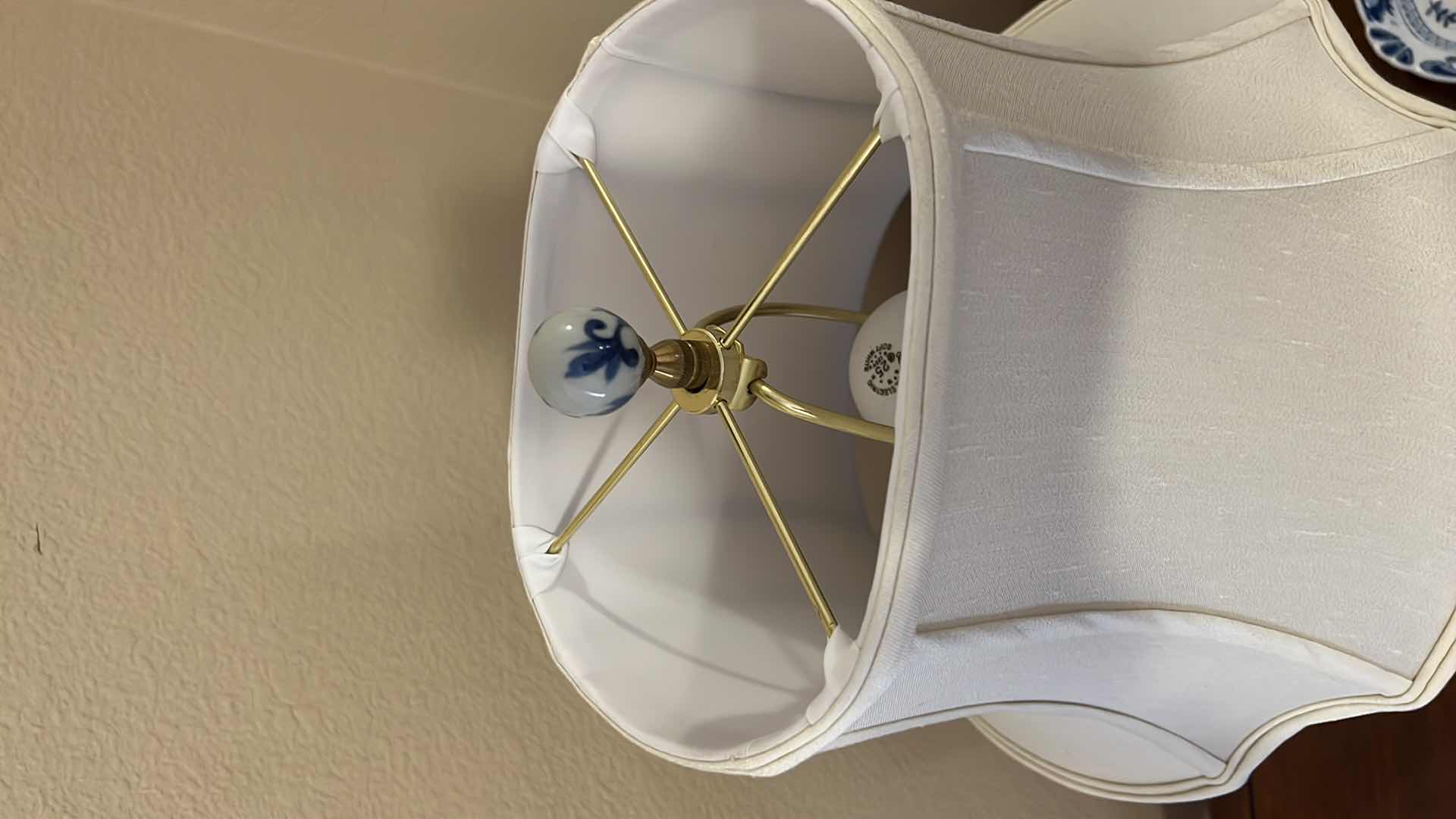 Photo 1 of BLUE AND WHITE PORCELAIN TABLE LAMP W SHADE H25”, JAPANESE PORCELAIN DISH