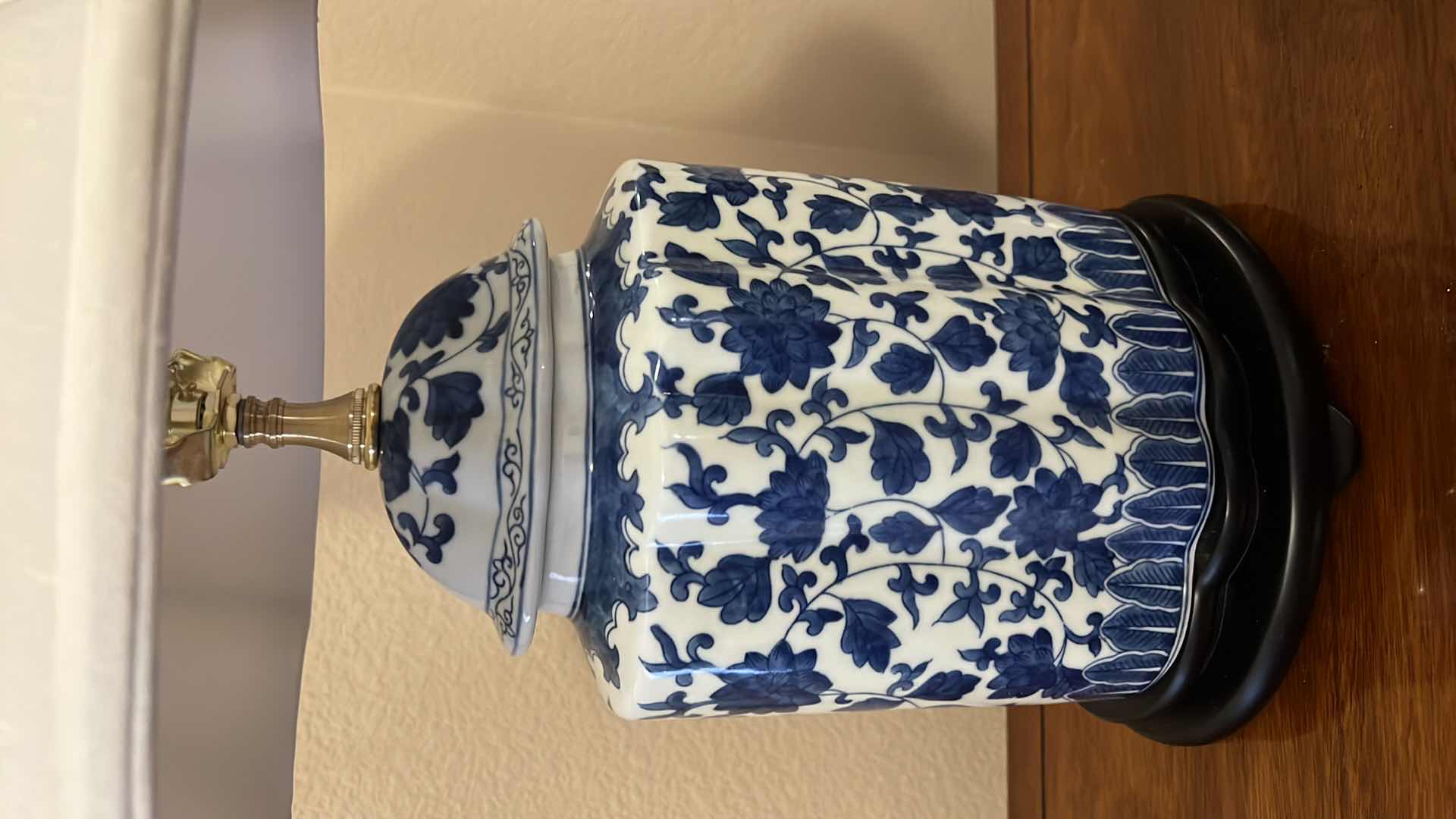 Photo 1 of BLUE AND WHITE PORCELAIN TABLE LAMP W SHADE H25”, JAPANESE PORCELAIN DISH
