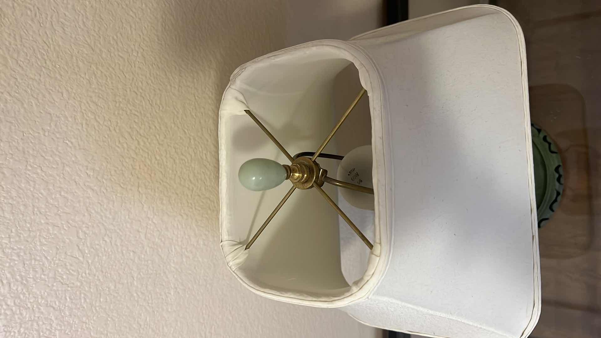 Photo 3 of PORCELAIN JADE GREEN TABLE LAMP W SHADE ON GREEN WOOD BASE H23”