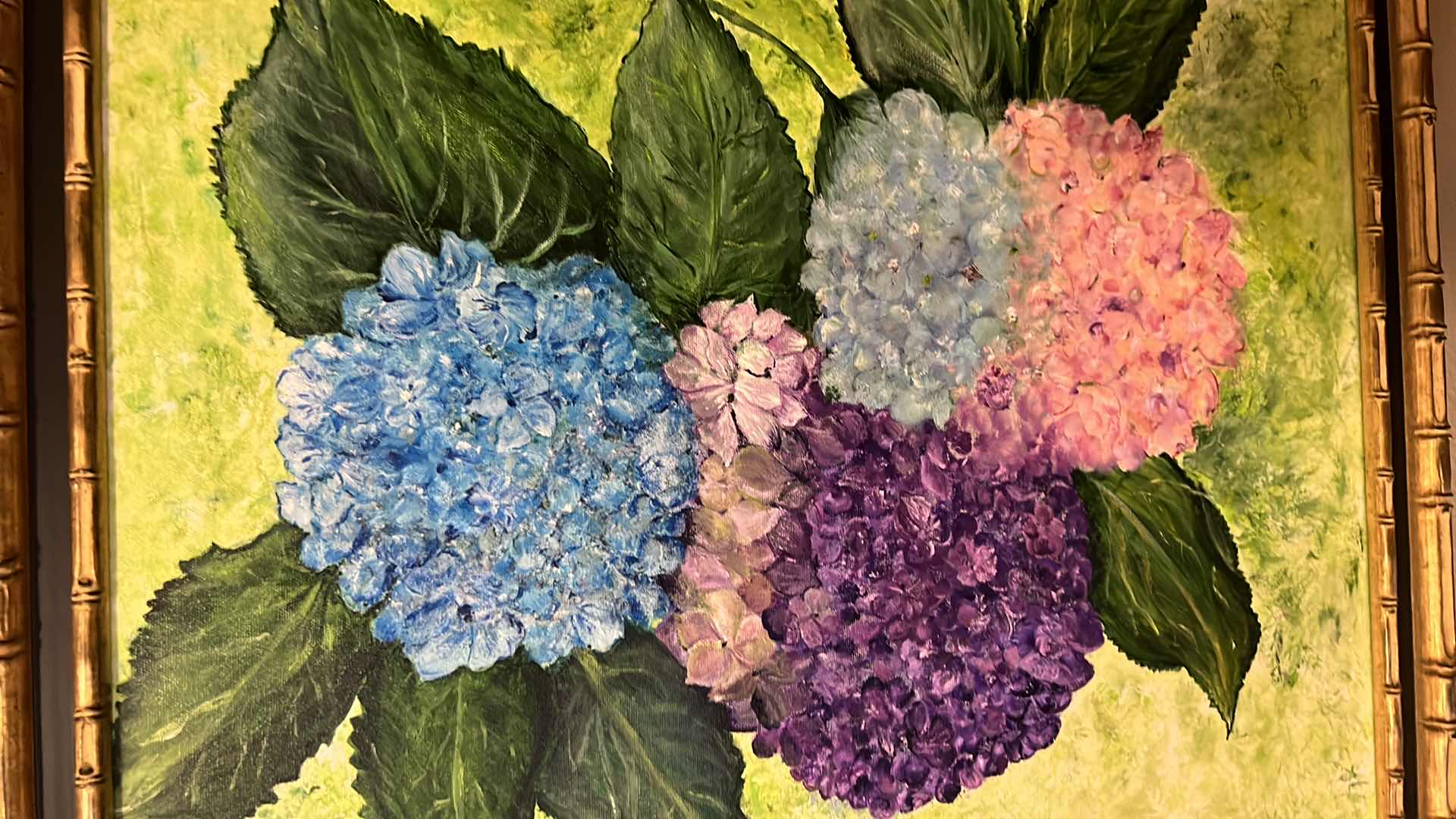 Photo 1 of BAMBOO FRAMED FLORAL OIL PAINTING ARTWORK 27” x 27”