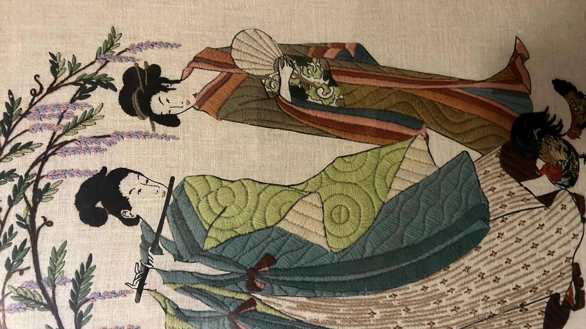 Photo 1 of FRAMED VINTAGE “GEISHA LADIES” CROSS-STITCHED ARTWORK 24” x 32”