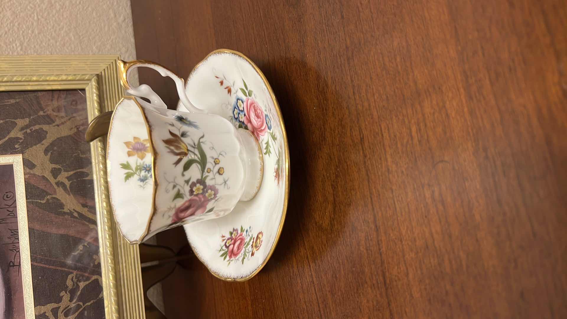 Photo 1 of FRAMED “TEACUP AND SAUCER” ARTWORK 13” x 11” W ENGLAND BONE CHINE TEACUP SET