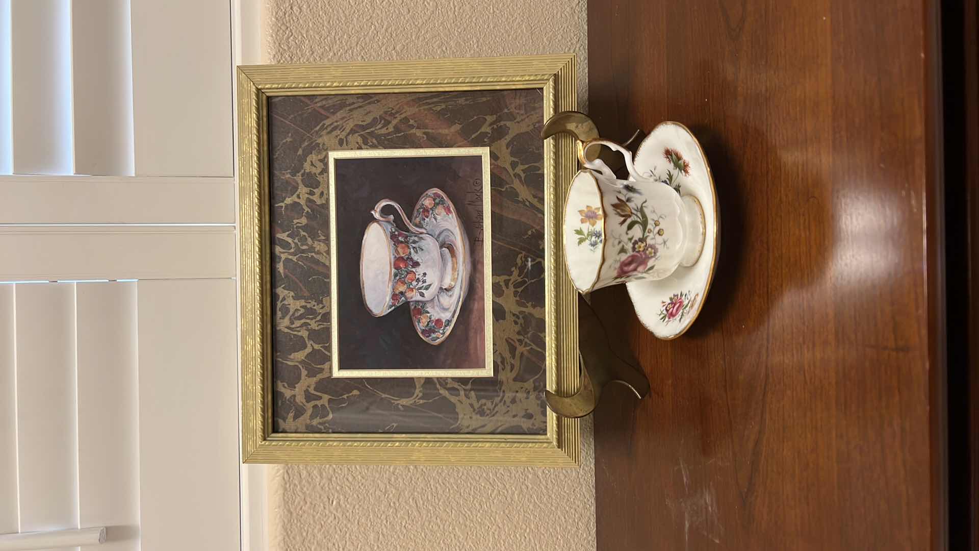Photo 1 of FRAMED “TEACUP AND SAUCER” ARTWORK 13” x 11” W ENGLAND BONE CHINE TEACUP SET