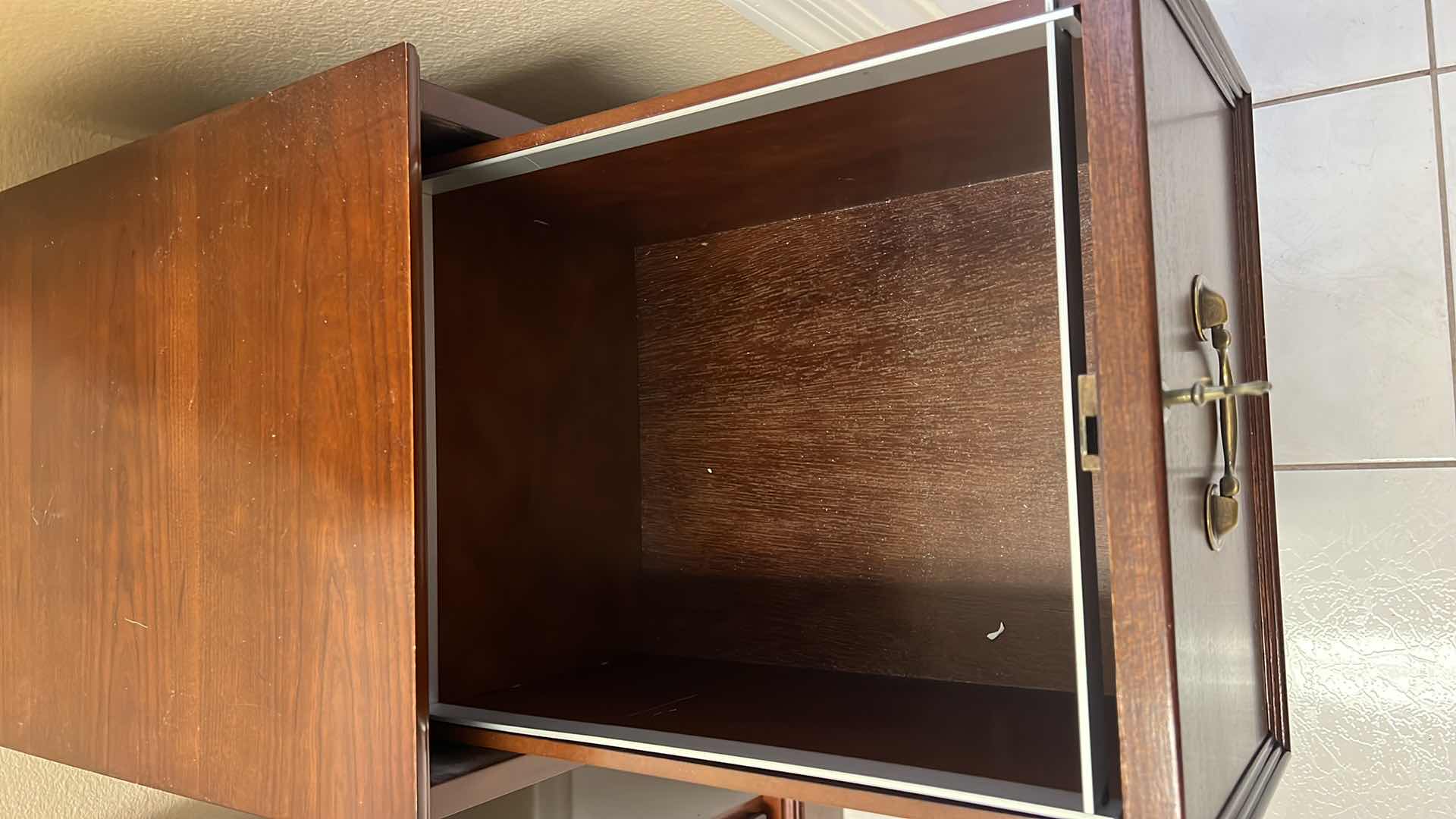 Photo 1 of MAHOGANY 2 DRAWER FILE CABINET ON WHEELS W BRASS TRIM & LOCKING KEYS  16” x 23” H29”