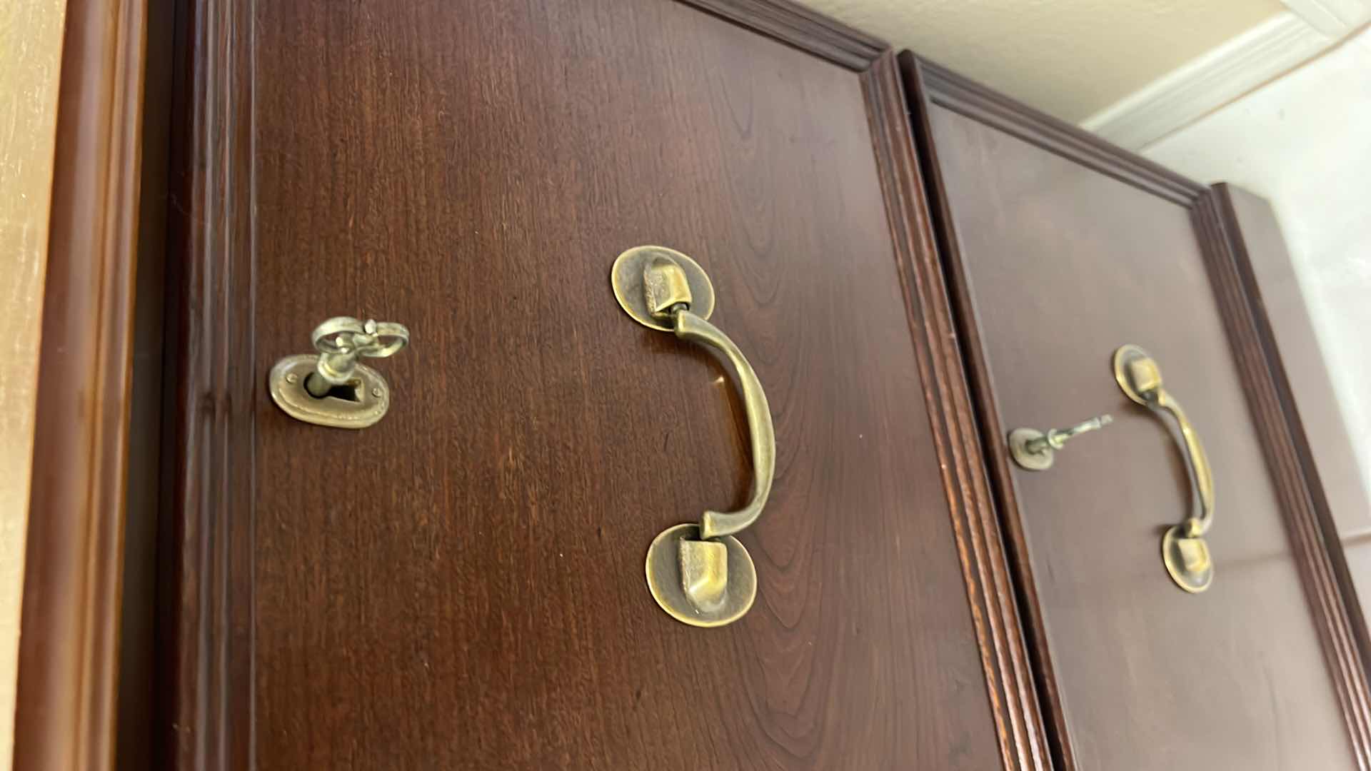 Photo 1 of MAHOGANY 2 DRAWER FILE CABINET ON WHEELS W BRASS TRIM & LOCKING KEYS  16” x 23” H29”