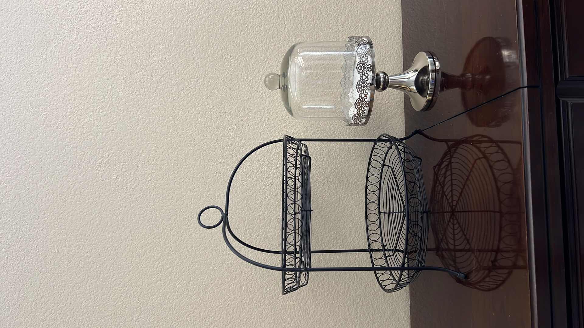 Photo 1 of CAKE HOLDER W GLASS DOME, WROUGHT IRON 2 TIERED STAND