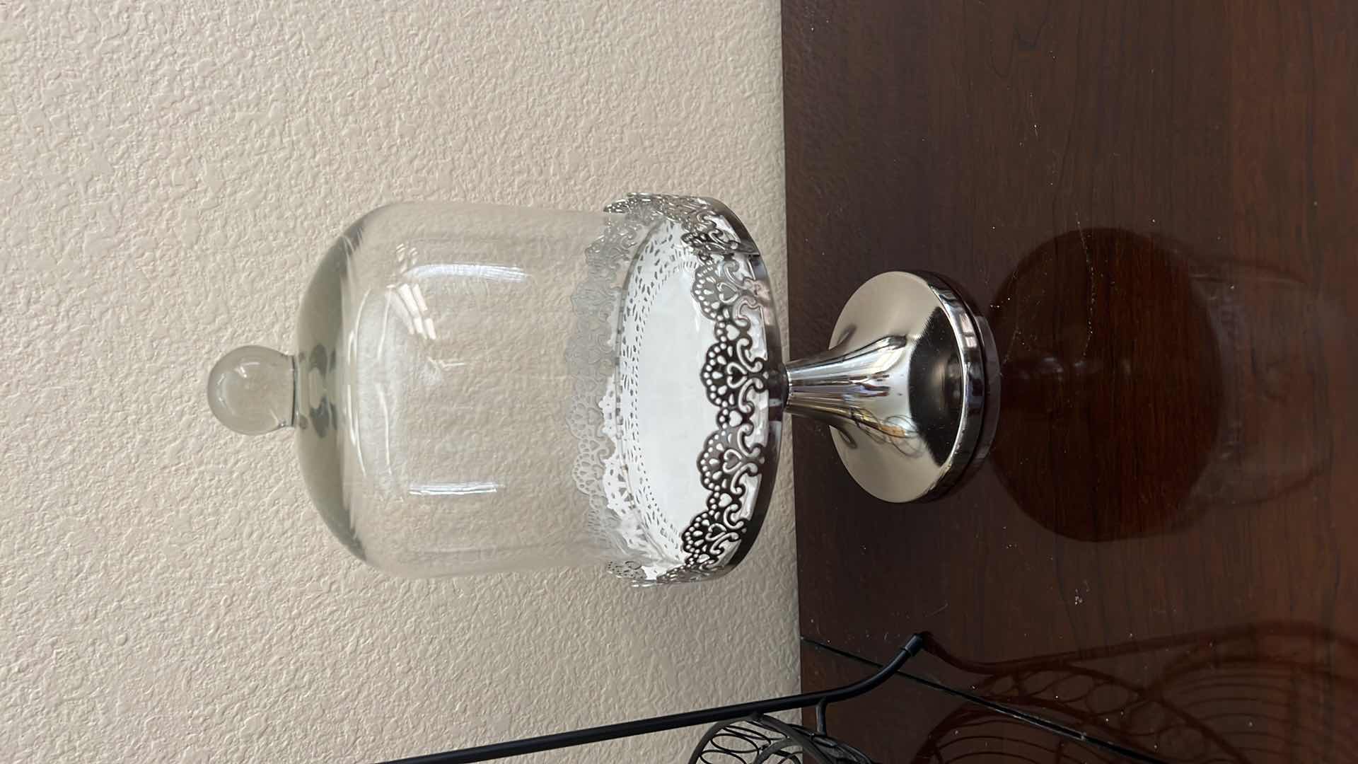 Photo 1 of CAKE HOLDER W GLASS DOME, WROUGHT IRON 2 TIERED STAND