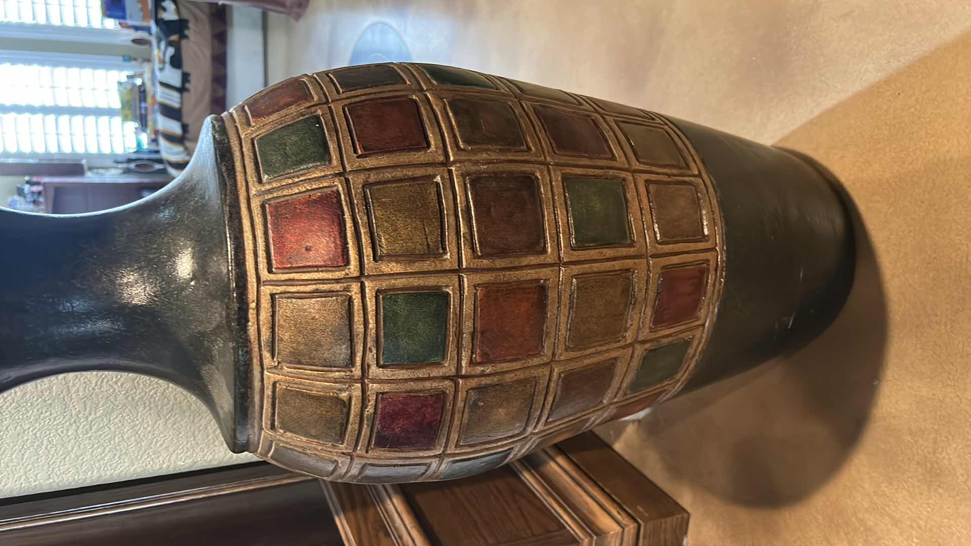 Photo 2 of METAL VASE WITH  BURGANDY AND GOLD ACCENTS H31”