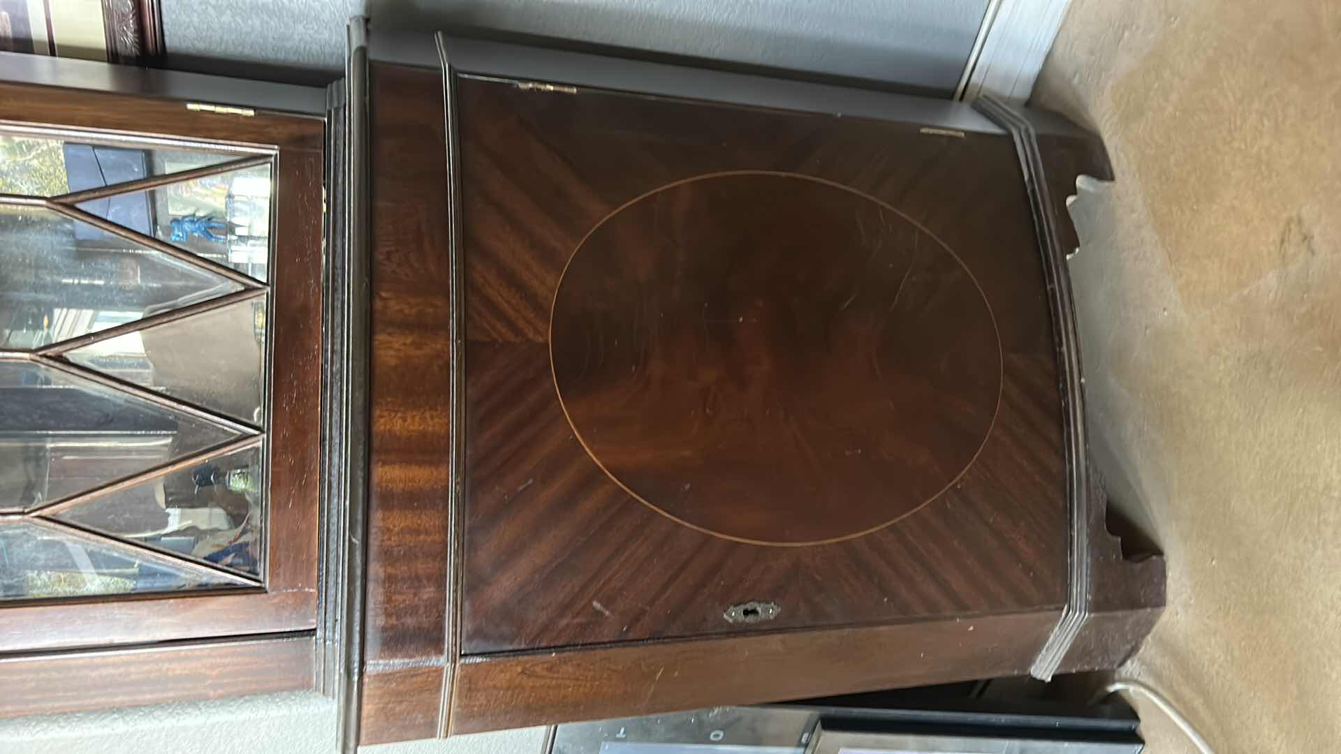 Photo 1 of MAHOGANY WOOD 2 DOOR CORNER CURIO CABINET W GLASS SHELVES  (CONTENTS NOT INCLUDED) 26” x 15 x 70”