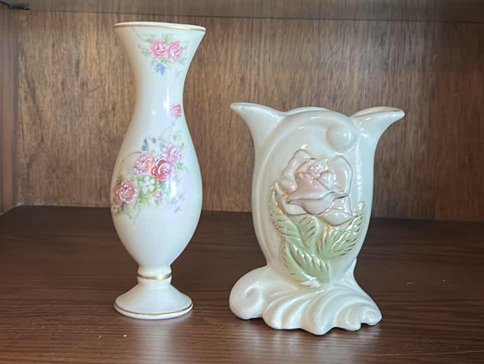 Photo 1 of 2 VINTAGE HAND PAINTED VASES TALLEST 8”