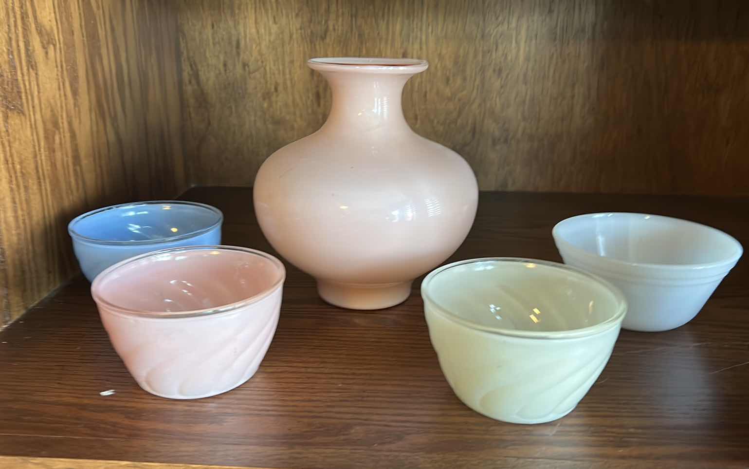 Photo 1 of MIKASA MILK GLASS VASE AND 4 BOWLS