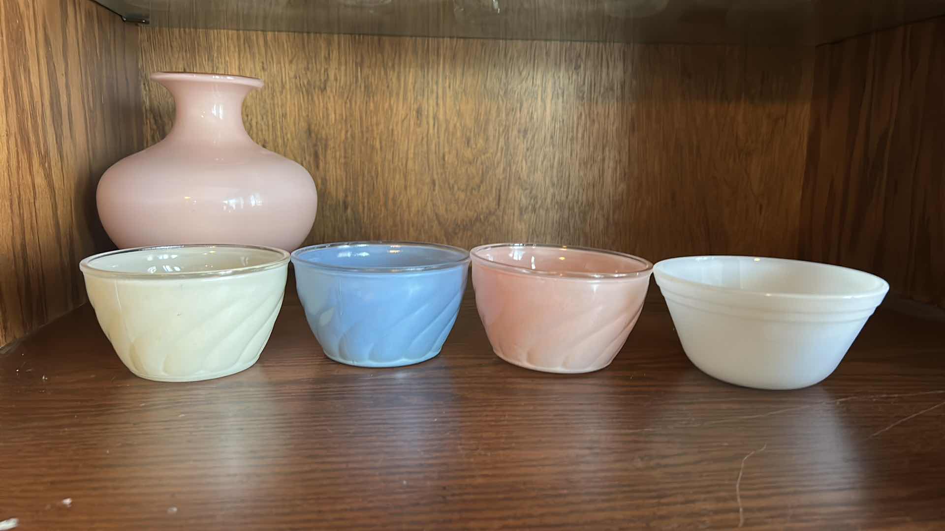 Photo 1 of MIKASA MILK GLASS VASE AND 4 BOWLS