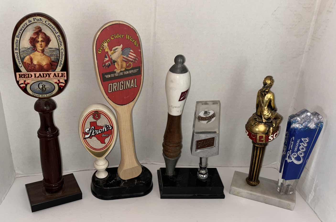 Photo 1 of RED LADY ALE, GRIFFIN CIDER WORKS, STROHS BEER, SCHLITZ & ORIGINAL COORS TAP HANDLES
