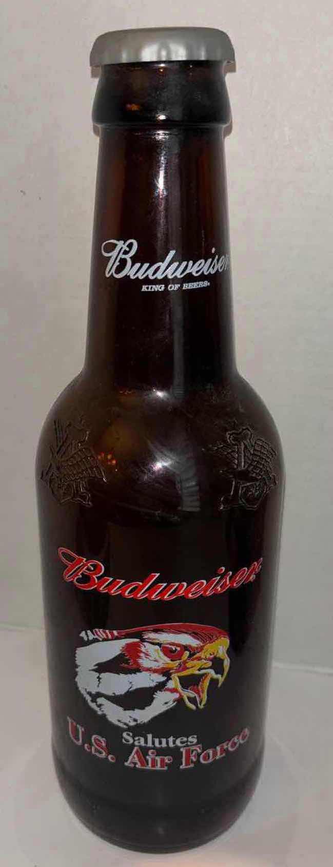 Photo 1 of BUDWEISER 64 OZ KING PITCHER 15” GLASS BEER BOTTLES- US AIR FORCE, DALE EARNHARDT JR & STURGIS (EMPTY)
