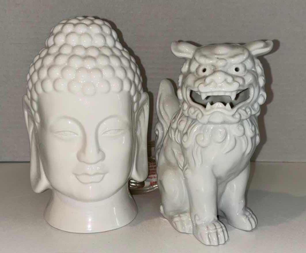 Photo 1 of CERAMIC 7.25” BUDDHA LIGHT-UP HEAD LAMP & VINTAGE FOO DOG TEMPLE LION PORCELAIN STATUE
