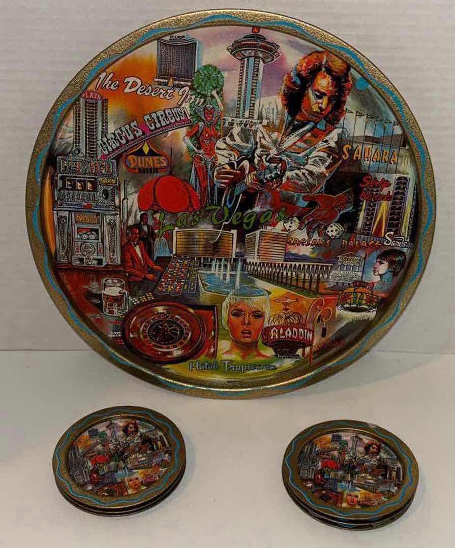 Photo 1 of VINTAGE 1960’S KEN HAAG LAS VEGAS  11” TIN ADVERTISING SOUVENIR TRAY W SIX DRINK COASTERS