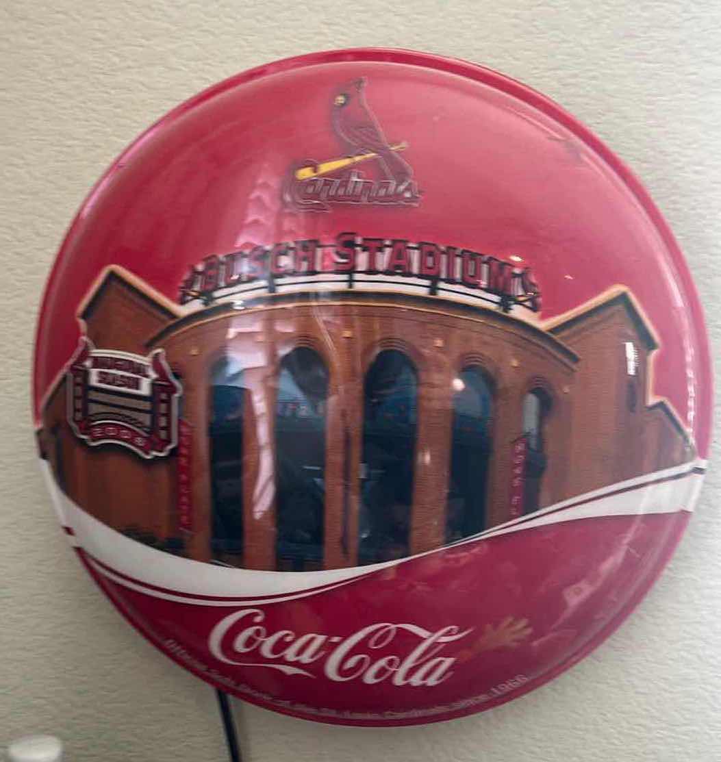Photo 1 of 16” ROUND CARDINALS BUSCH STADIUM COCA-COLA HARD PLASTIC WALL LIGHT
