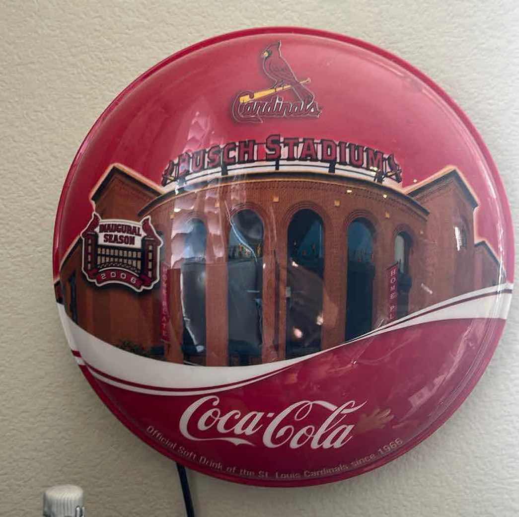 Photo 1 of 16” ROUND CARDINALS BUSCH STADIUM COCA-COLA HARD PLASTIC WALL LIGHT