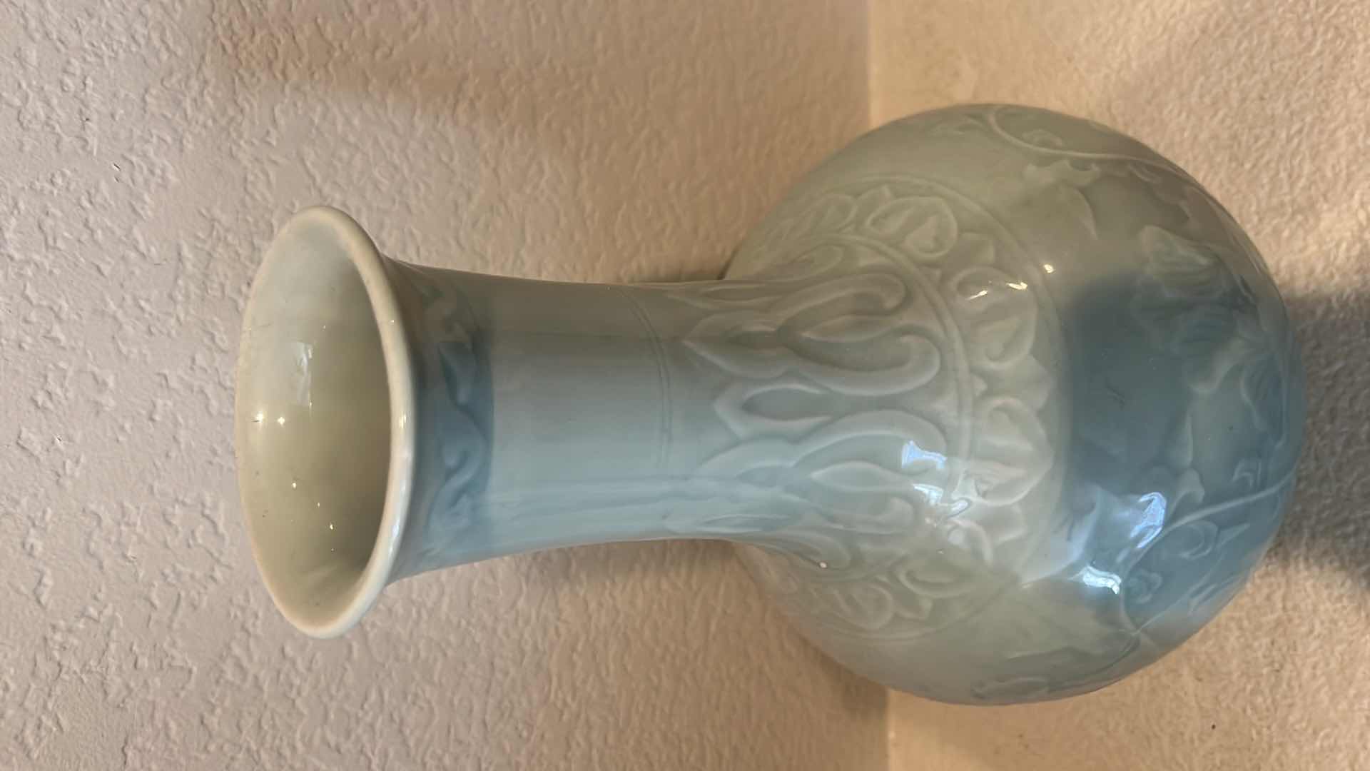 Photo 1 of STAMPED PALE GREEN PORCELAIN VASE H15”