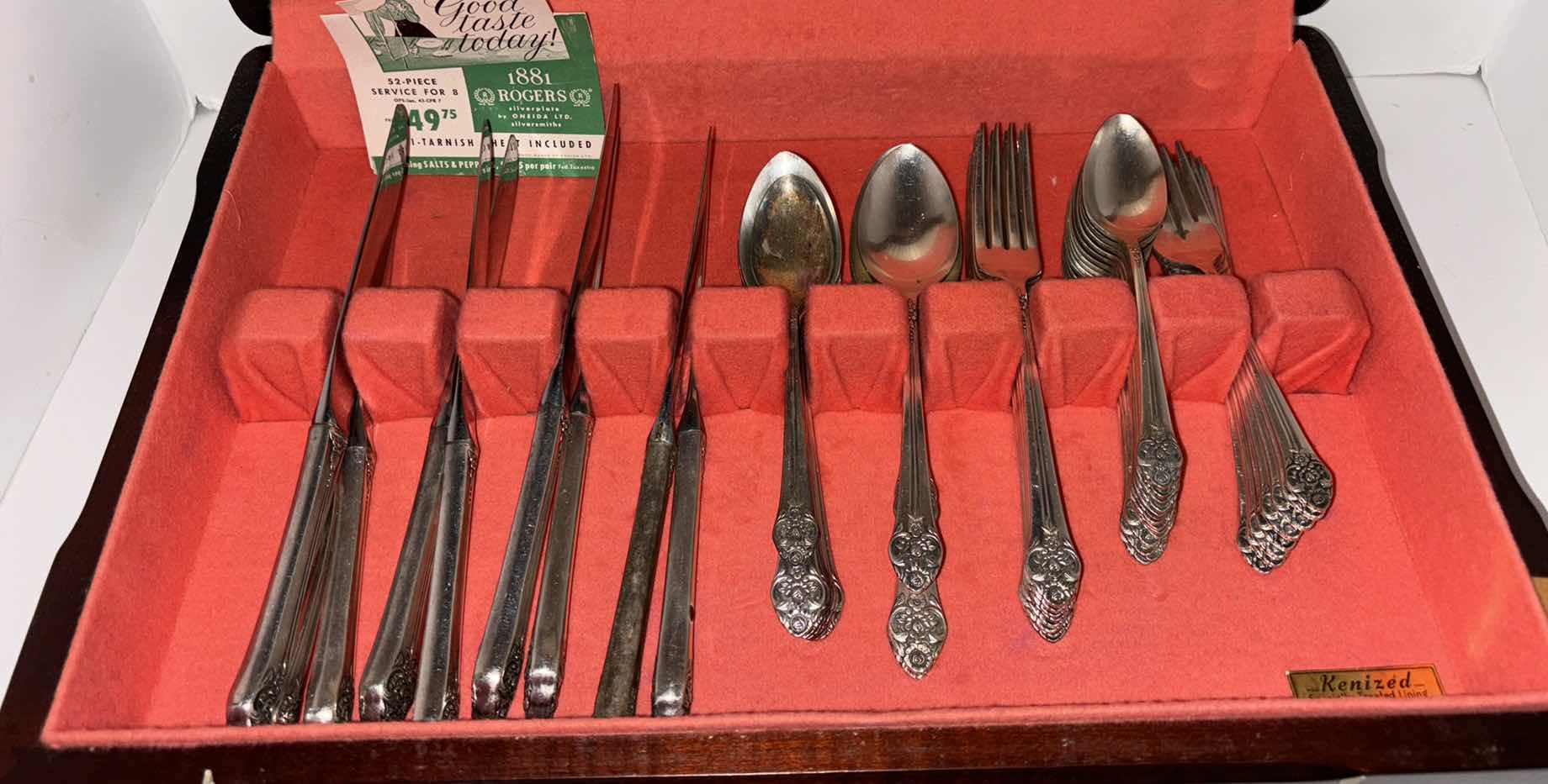 Photo 1 of 1881 ROGERS SILVERPLATE BY ONEIDA LTD SILVERSMITHS FLATWARE IN WOODEN BOX