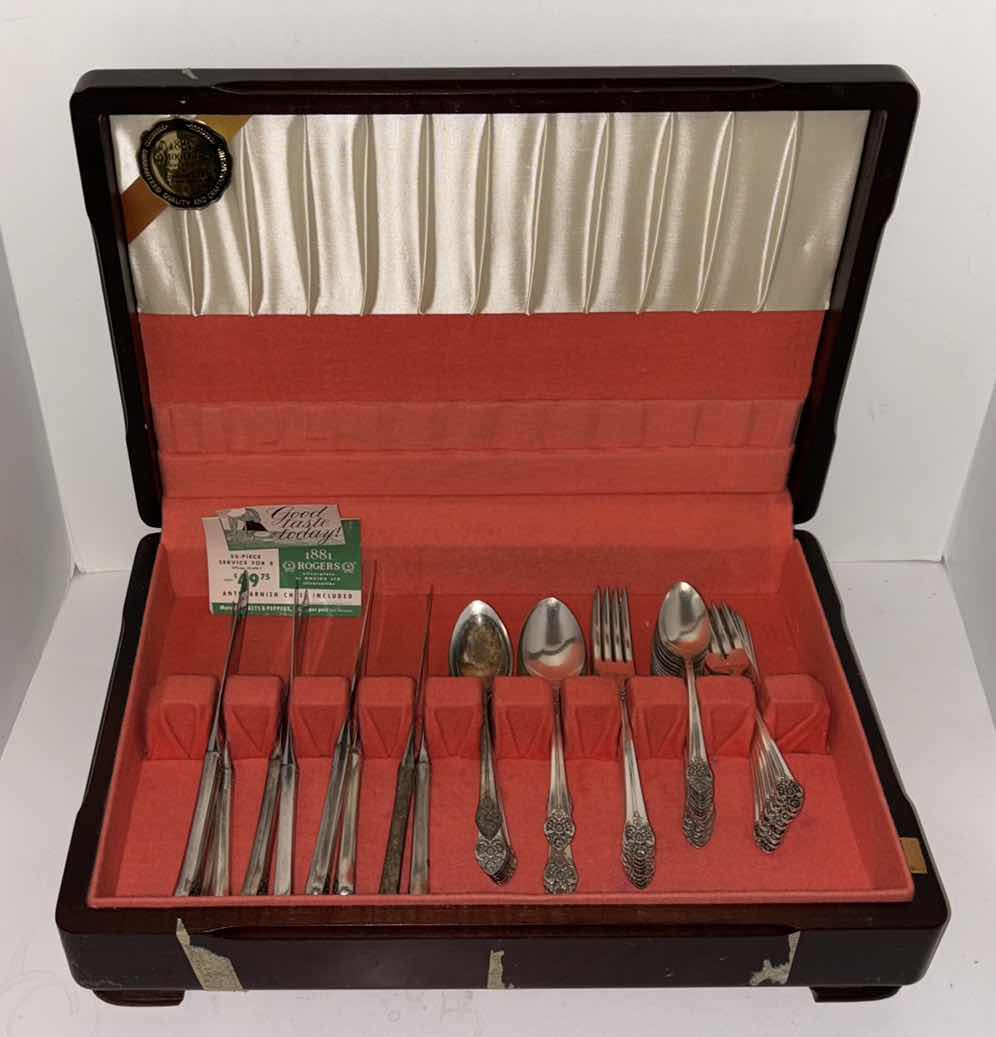 Photo 1 of 1881 ROGERS SILVERPLATE BY ONEIDA LTD SILVERSMITHS FLATWARE IN WOODEN BOX
