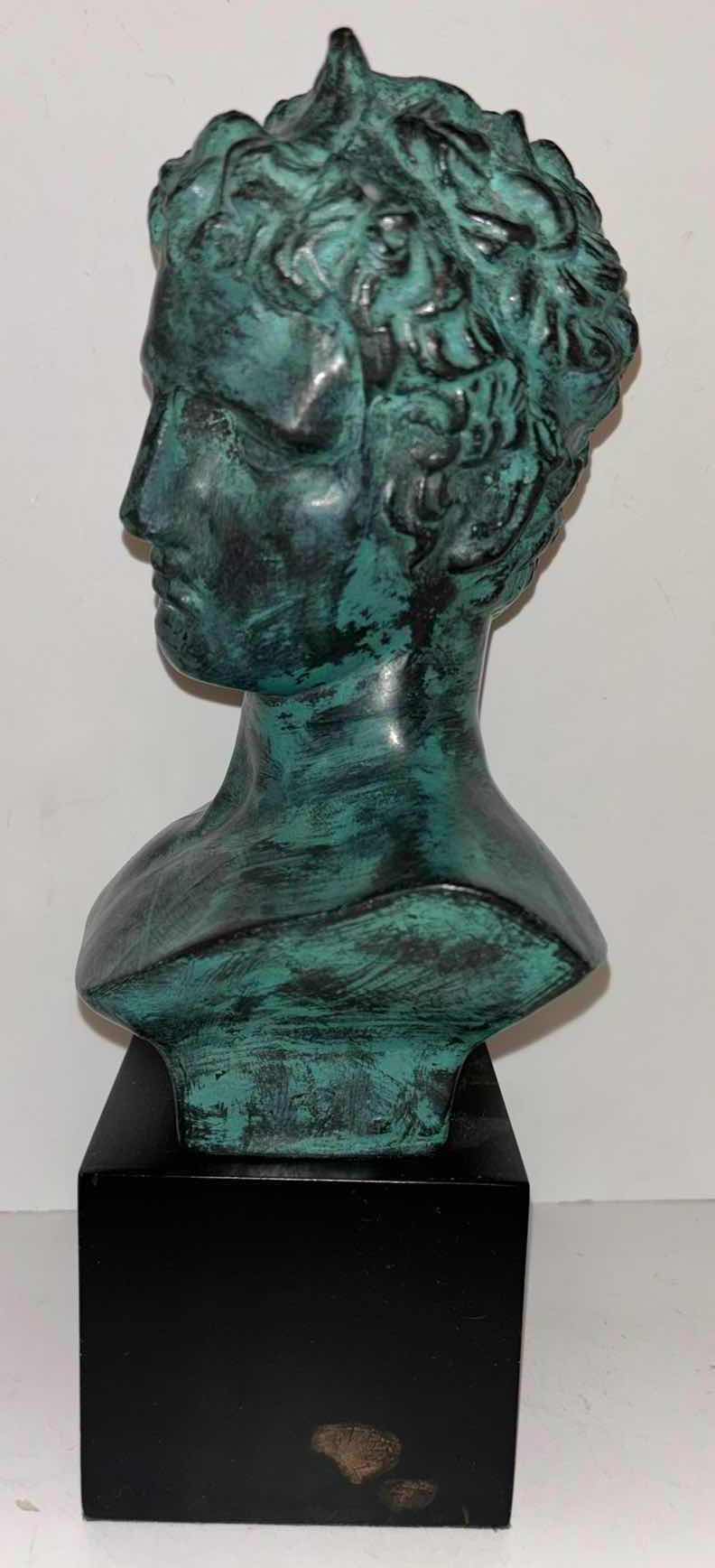 Photo 1 of DECORATIVE 20TH CENTURY ITALIAN VERDIGRIS BUST OF A ROMAN MALE, 5” x 6.25” H13”