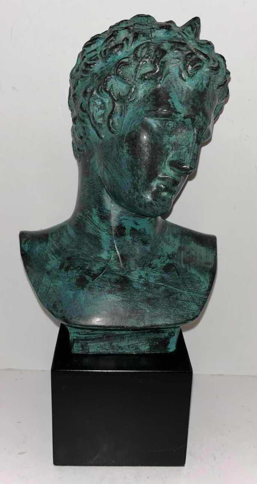 Photo 1 of DECORATIVE 20TH CENTURY ITALIAN VERDIGRIS BUST OF A ROMAN MALE, 5” x 6.25” H13”
