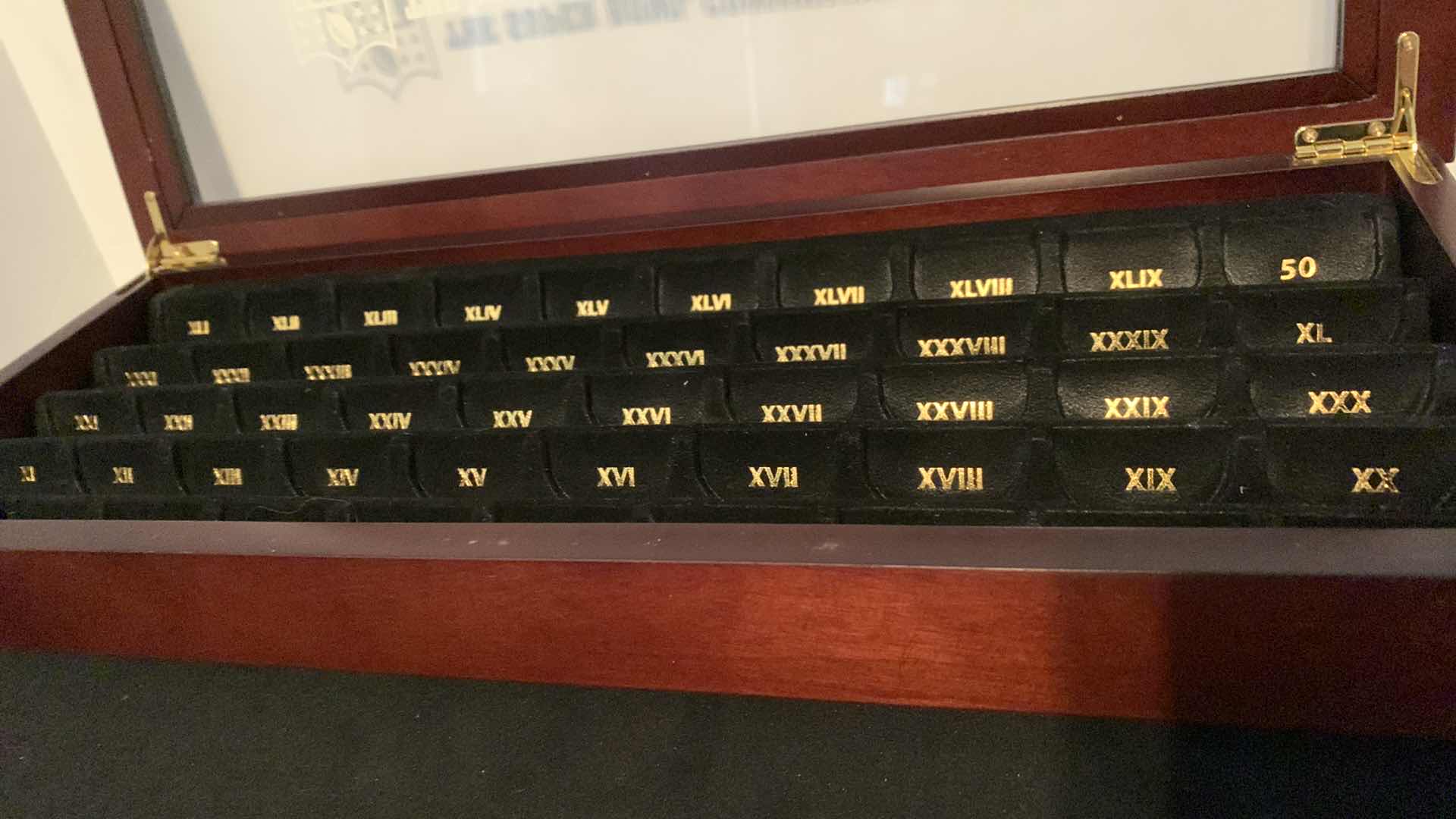 Photo 1 of NFL FOOTBALL SUPER BOWL COMMEMORATIVE COIN COLLECTION WOODEN DISPLAY CASE 19” C 7” H 2”