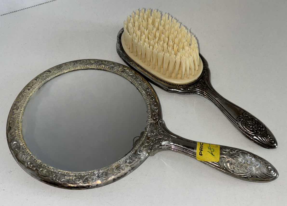 Photo 1 of ANTIQUE HANDHELD MIRROR & BRUSH SET W FLORAL ACCENTS  (MIRROR IS 9.5”L)