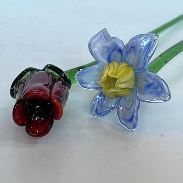Photo 1 of 2 - VINTAGE HAND BLOWN GLASS FLOWERS - ROSE AND IRIS - 19”