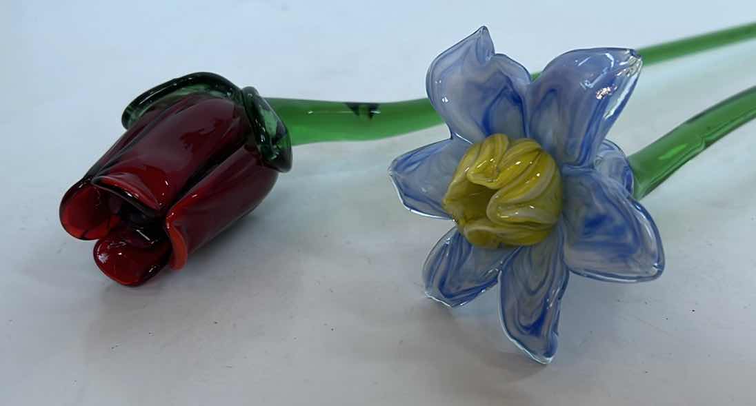 Photo 2 of 2 - VINTAGE HAND BLOWN GLASS FLOWERS - ROSE AND IRIS - 19”