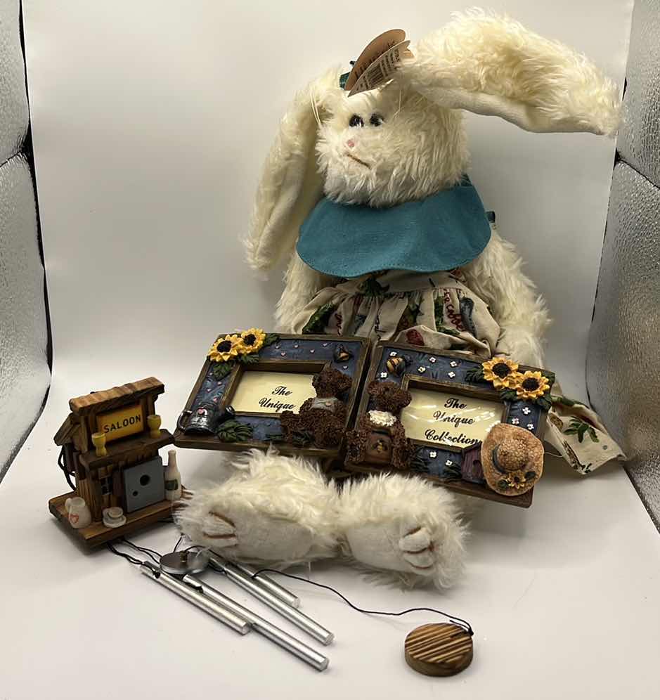 Photo 1 of COUNTRY DECOR LOT - 2 MINI CERAMIC PICTURE FRAMES WIND-CHIMES AND BUNNY PLUSH