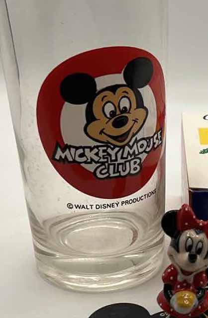 Photo 1 of DISNEY LOT - VINTAGE MICKEY MOUSE CLUB GLASS AND PORCELAIN MINI MOUSE FIGURINE