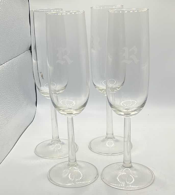 Photo 1 of 4 -VINTAGE ETCHED CRYSTAL WINE GLASSES - MONOGRAMED WITH THE LETTER  “R”