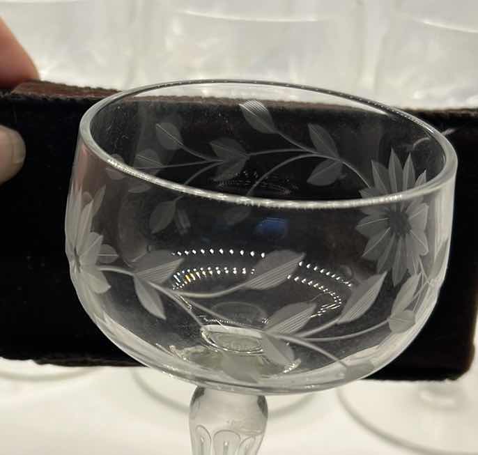 Photo 1 of 8 - ANTIQUE ETCHED SORBET GLASSES - SUNFLOWER PATTERN