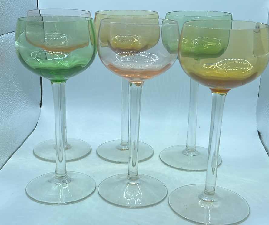 Photo 1 of SET OF 6 - VINTAGE COLORED GLASS WINE GLASSES