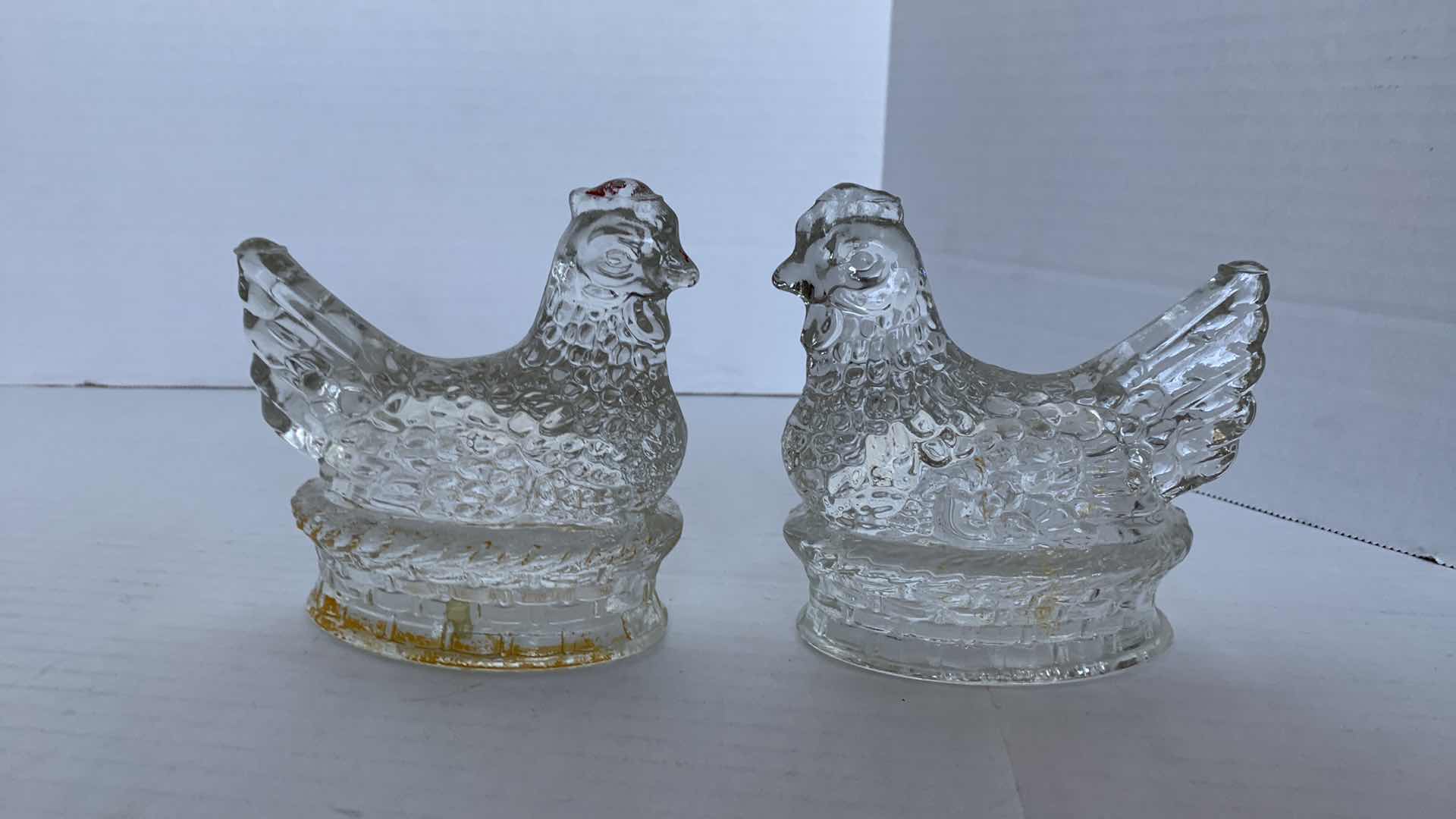 Photo 1 of 2-VINTAGE HEN IN NEST GLASS STATUES 5” TALL