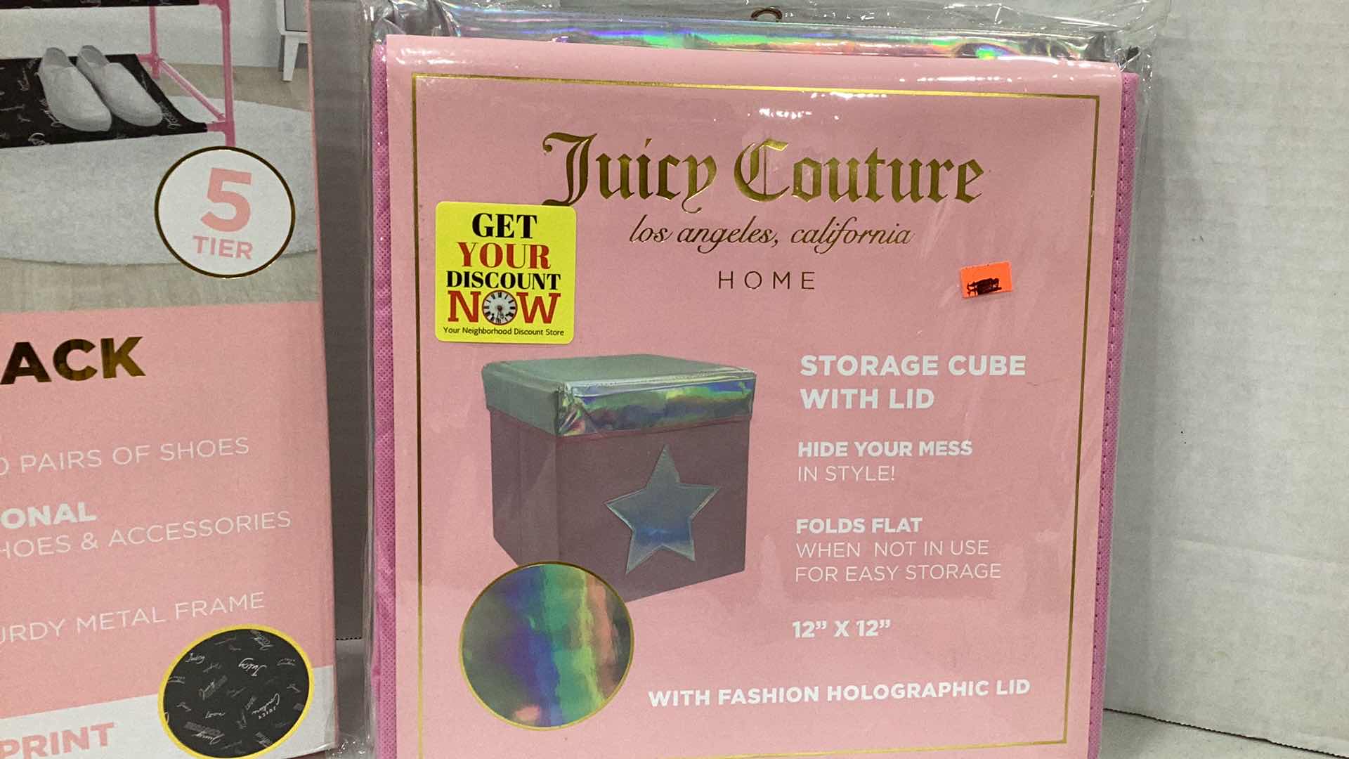 Photo 1 of 2PCS JUICY COUTURE SHOE RACK AND HOLOGRAPHIC STORAGE CUBE