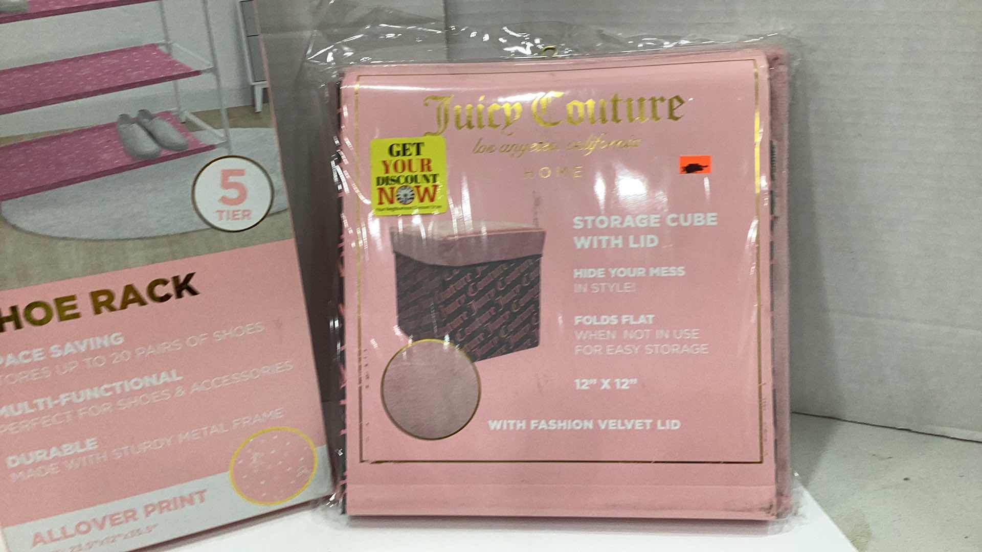 Photo 1 of 2PCS JUICY COUTURE SHOE RACK AND VELVET STORAGE CUBE