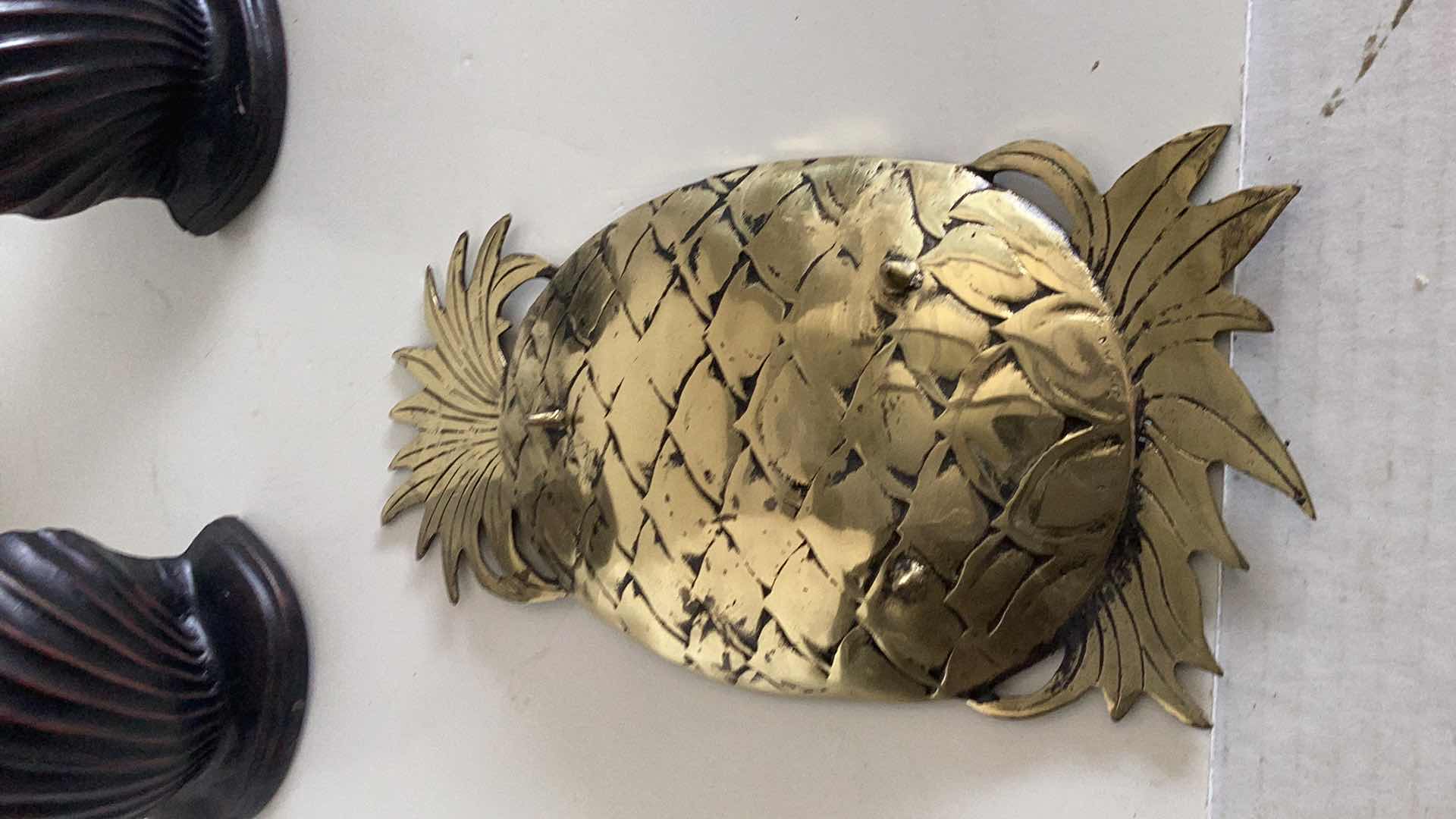 Photo 1 of BRASS PINEAPPLE TRAY AND WOODEN SHELL BOOKENDS