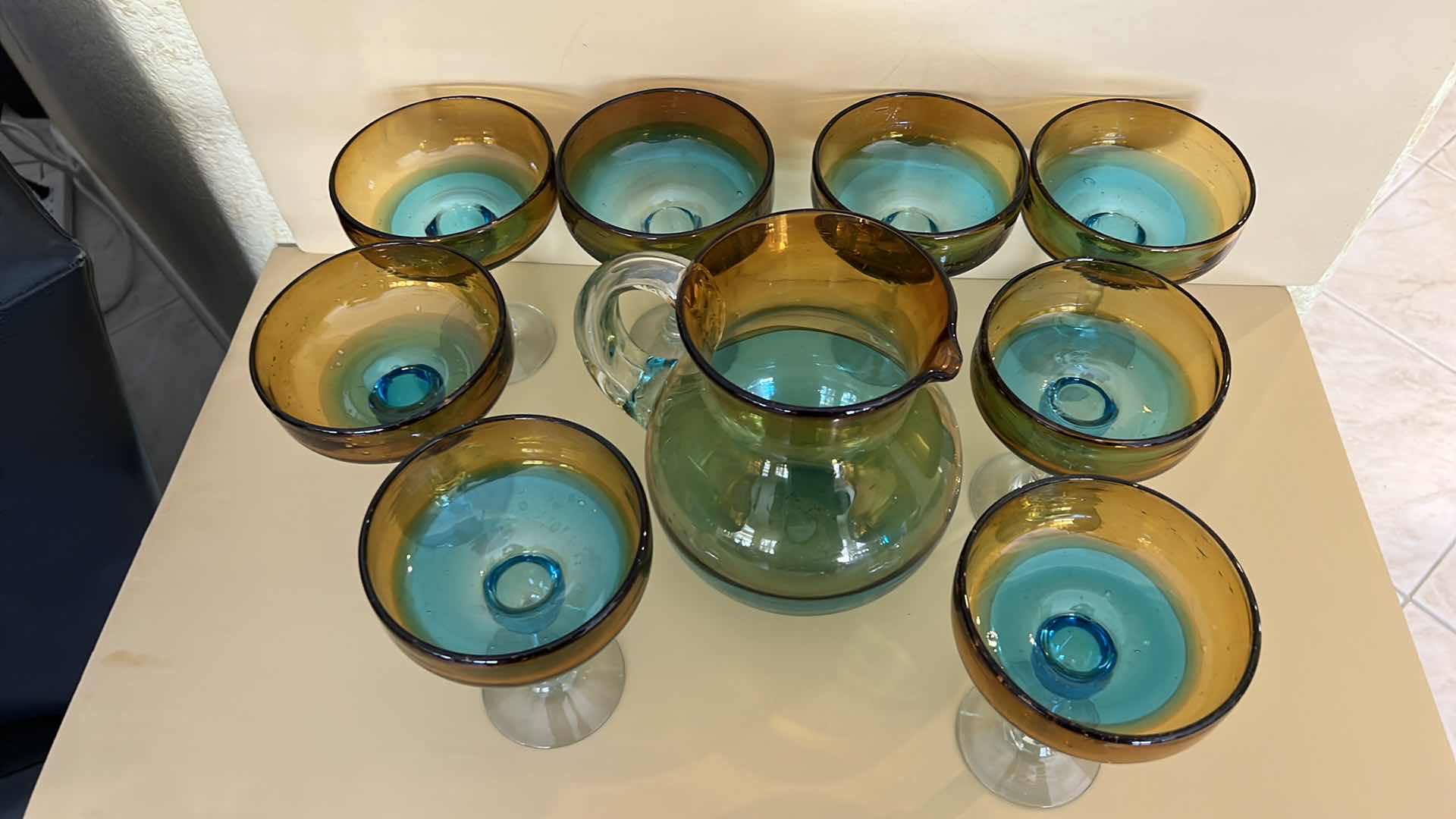 View 2 of BLOWN GLASS BROWN W TURQUOISE MARGARITA SET W 8 GLASSES