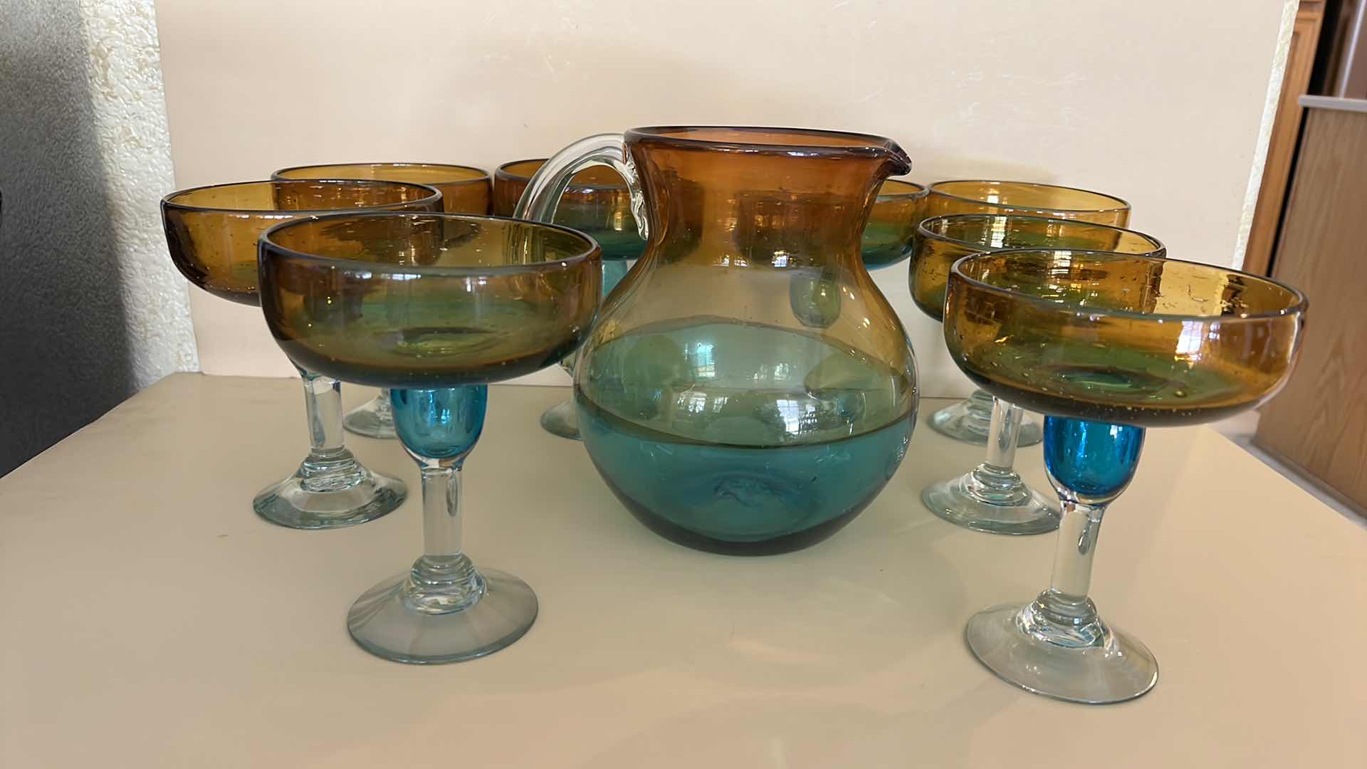 View 1 of BLOWN GLASS BROWN W TURQUOISE MARGARITA SET W 8 GLASSES