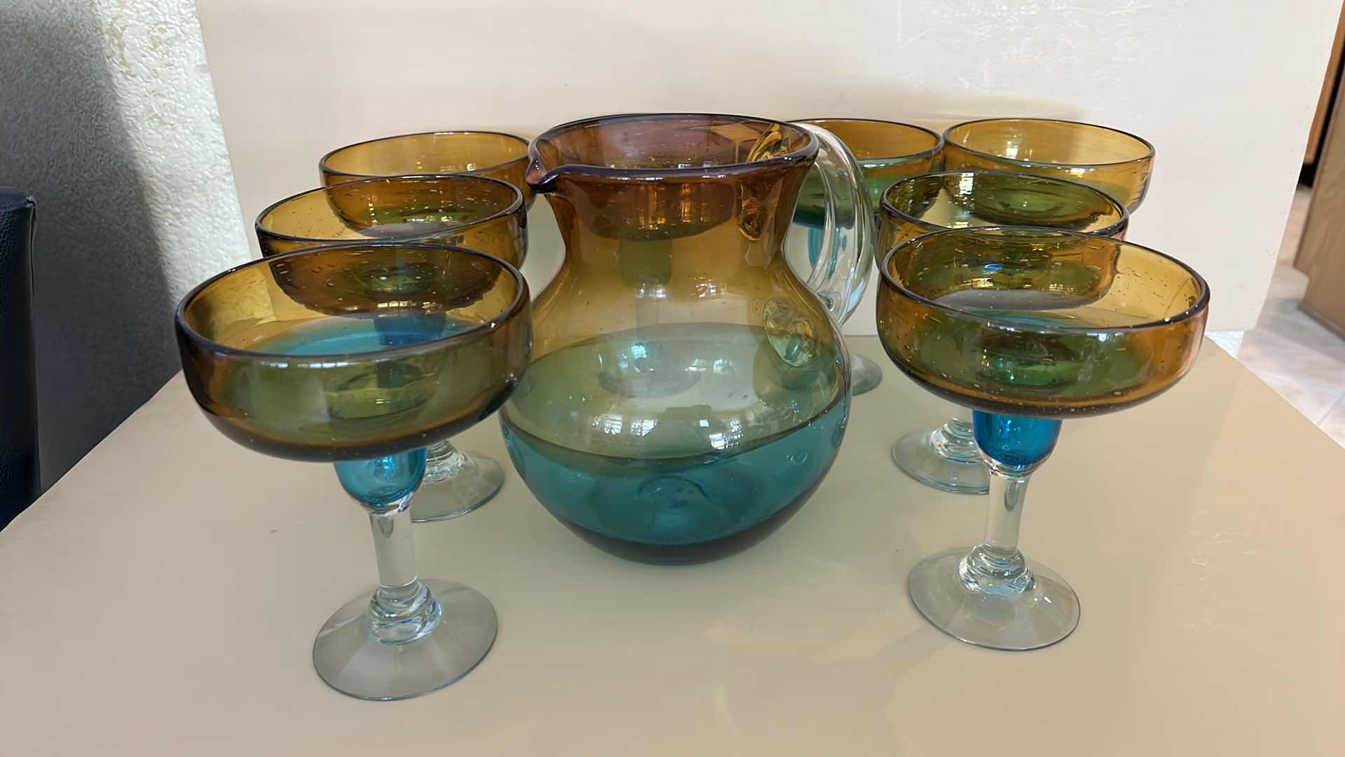 View 5 of BLOWN GLASS BROWN W TURQUOISE MARGARITA SET W 8 GLASSES