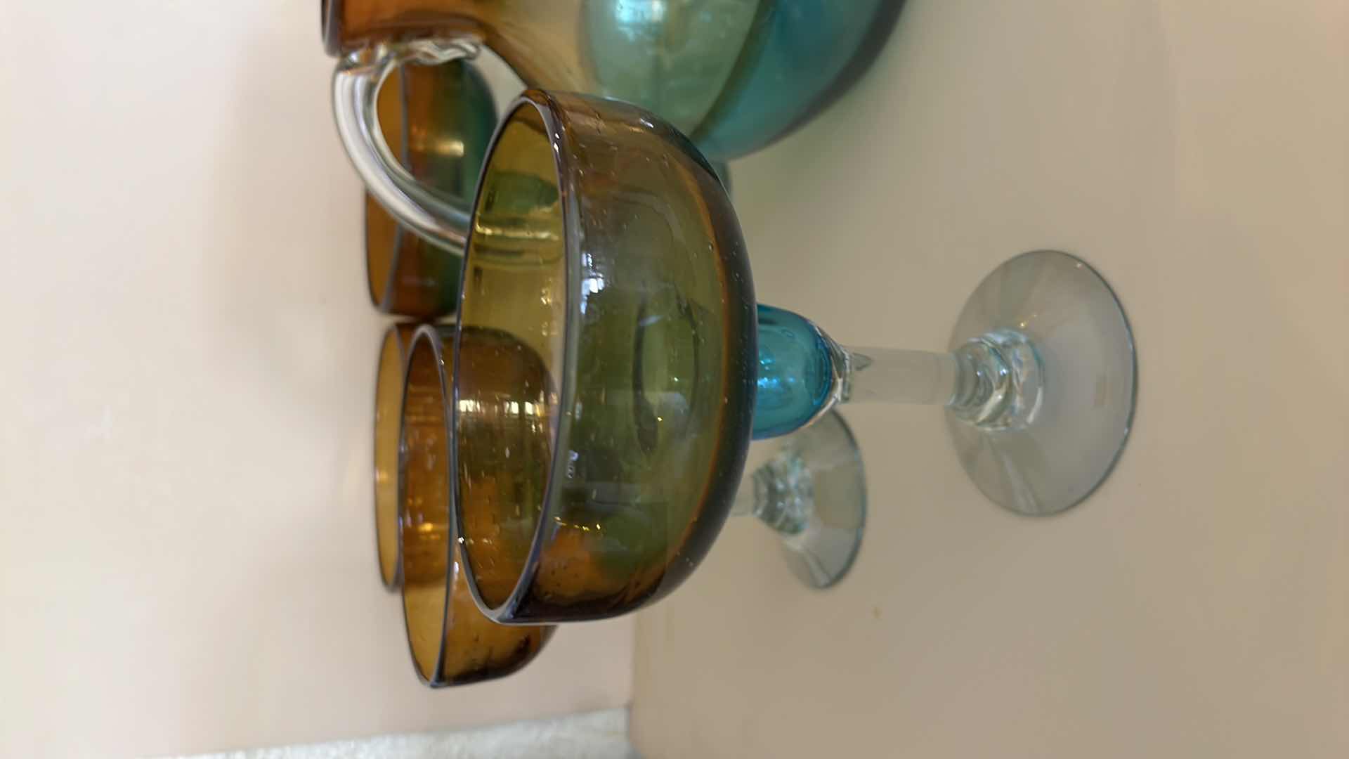 View 4 of BLOWN GLASS BROWN W TURQUOISE MARGARITA SET W 8 GLASSES