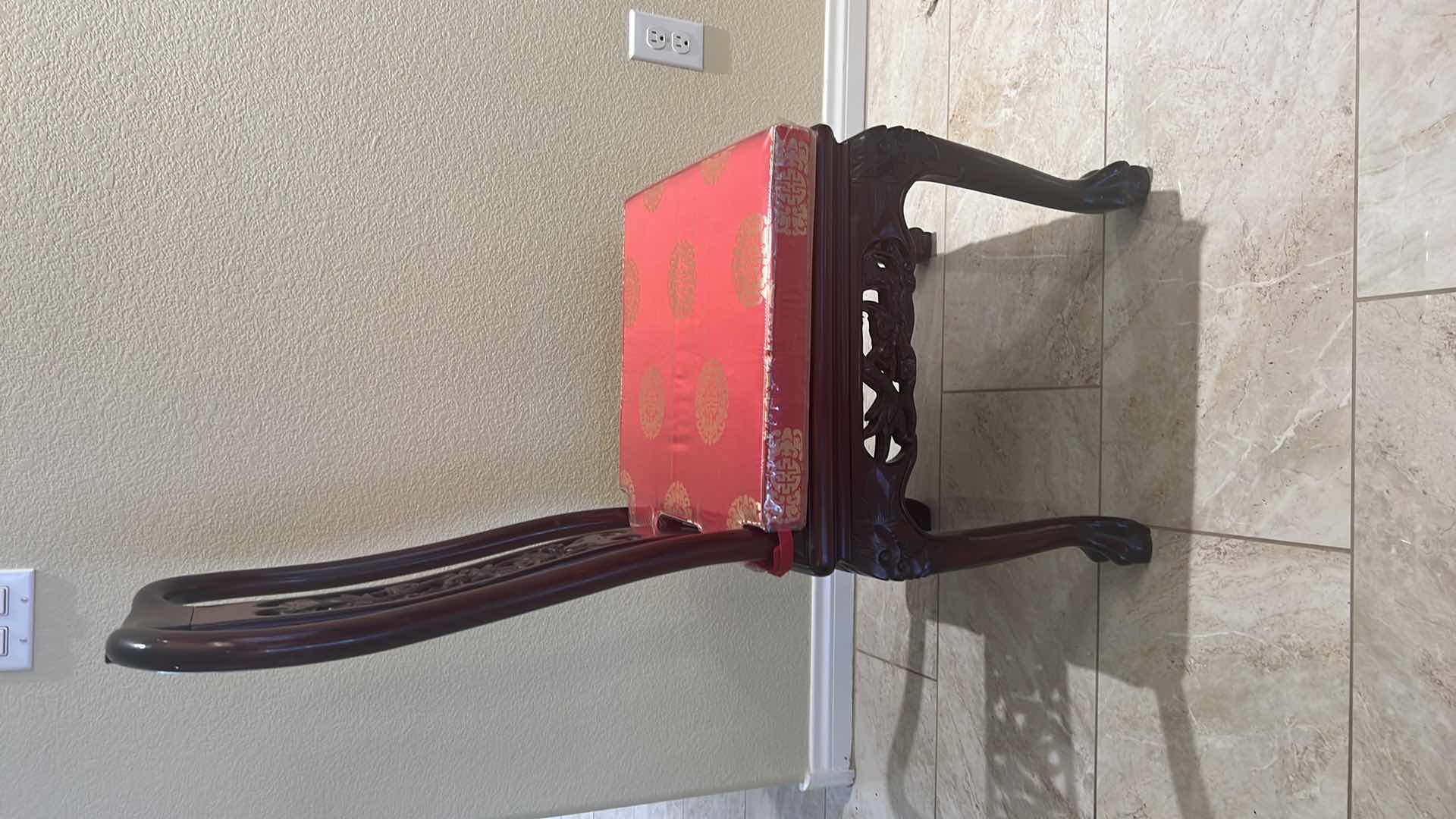 Photo 13 of VINTAGE CHINESE HANDCARVED ROSEWOOD DINING TABLE W 2-ARM CHAIRS & 6- SIDE CHAIRS (RED W GOLD PADDED SEAT CUSHIONS) TABLE 80” x 43” H30”