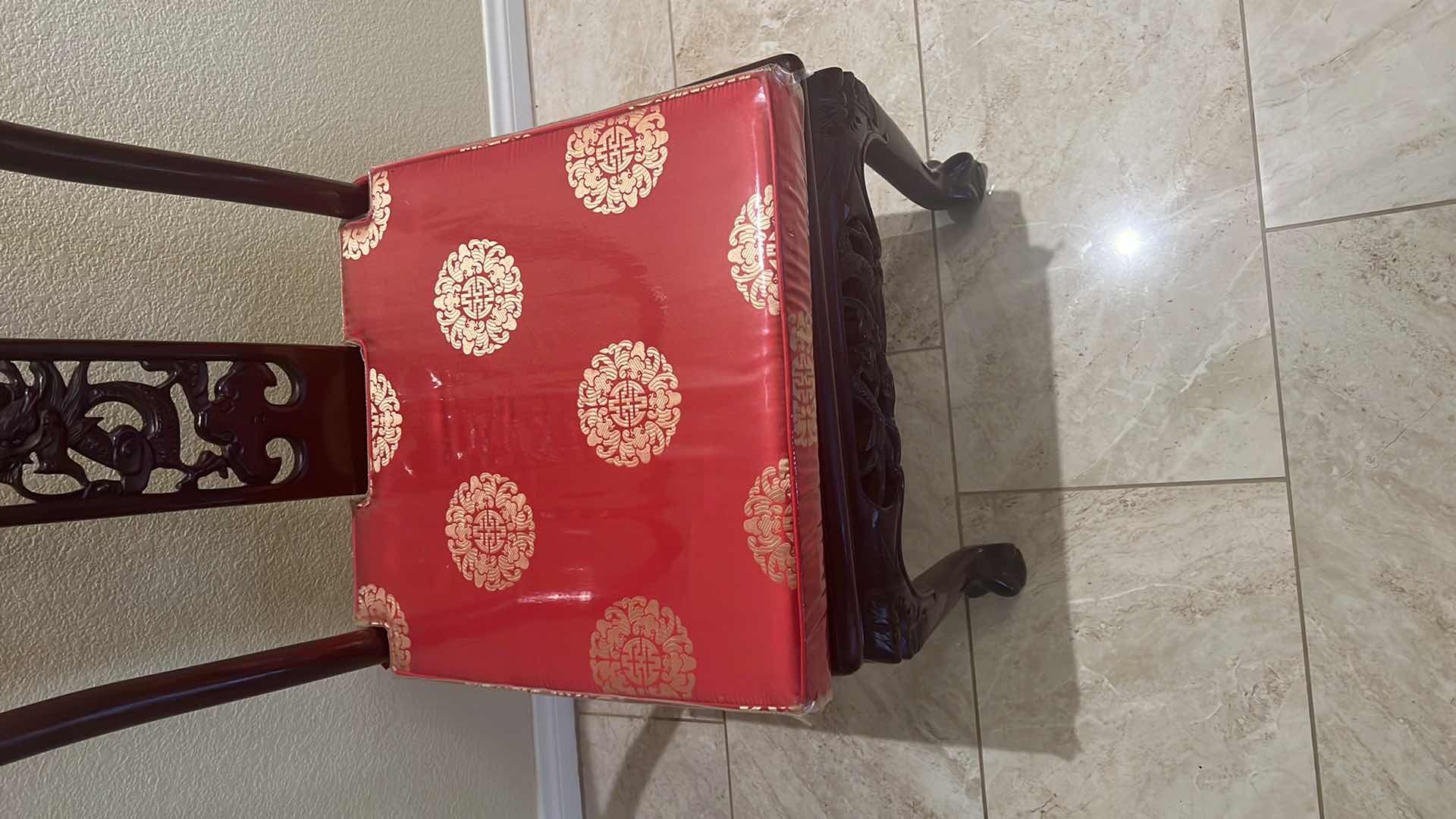 Photo 14 of VINTAGE CHINESE HANDCARVED ROSEWOOD DINING TABLE W 2-ARM CHAIRS & 6- SIDE CHAIRS (RED W GOLD PADDED SEAT CUSHIONS) TABLE 80” x 43” H30”