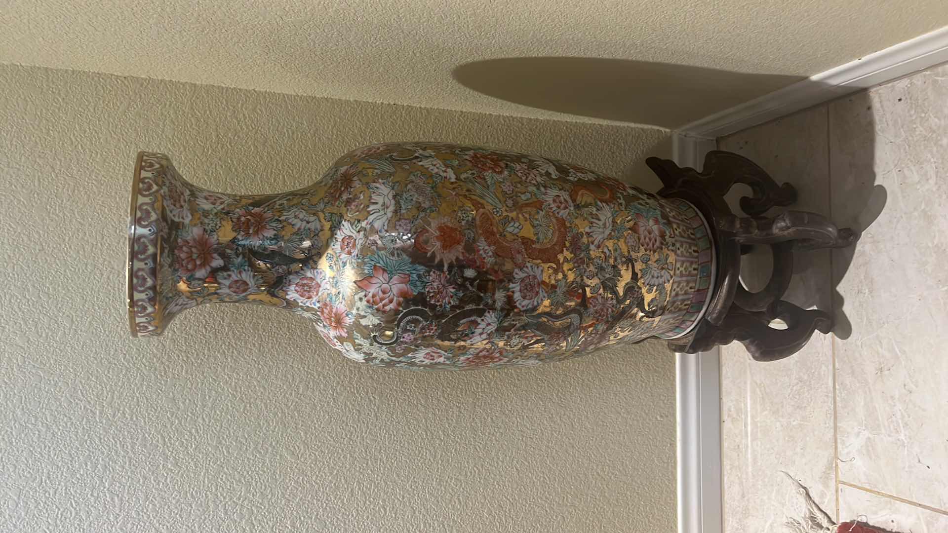 Photo 3 of CHINESE PORCELAIN VASE W WOOD STAND H32” D 9  ”