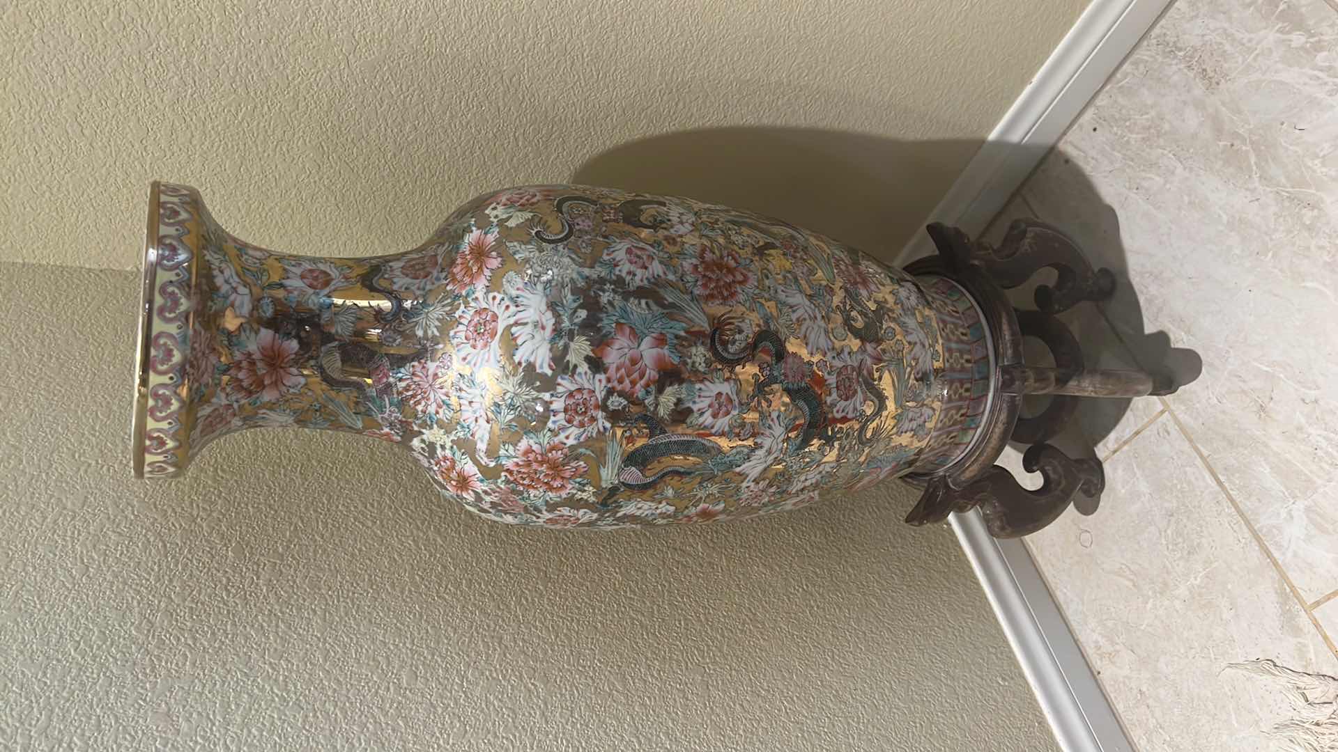 Photo 5 of CHINESE PORCELAIN VASE W WOOD STAND H32” D 9”